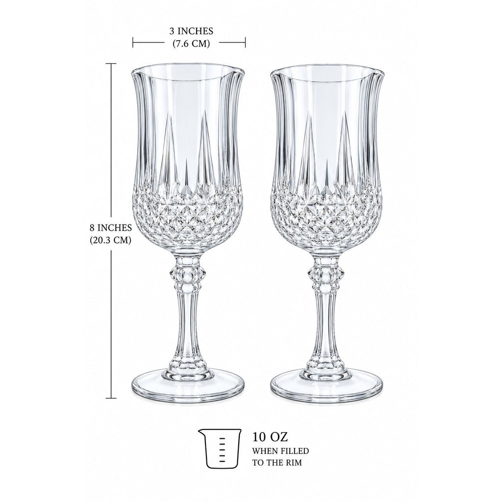Two crystal wine glasses with measurements on a white background