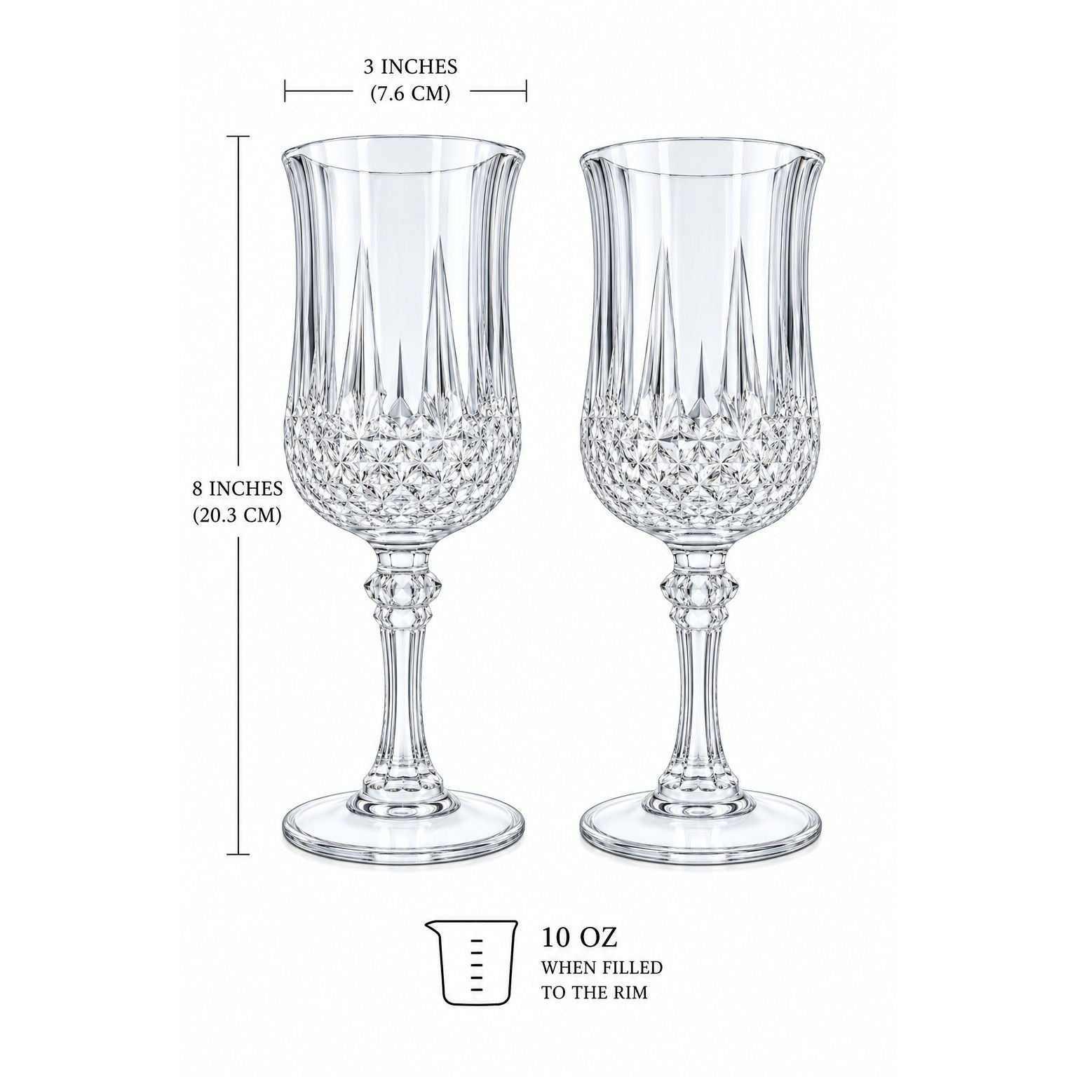 Two crystal wine glasses with measurements on a white background
