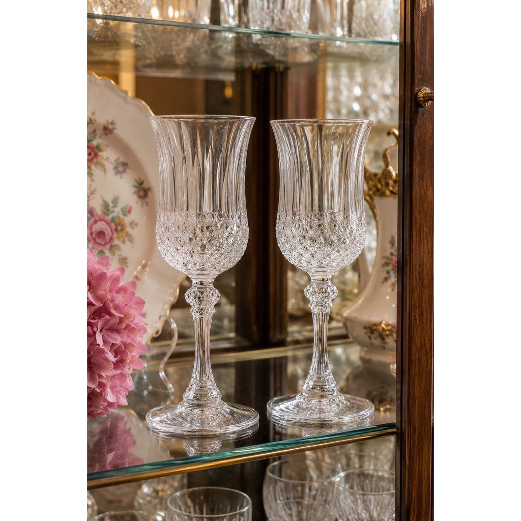 Vintage Cristal D'Arques Longchamp Wine Goblets Set of 2 French Crystal Wine Glasses Diamond Cut Stemware Made in France