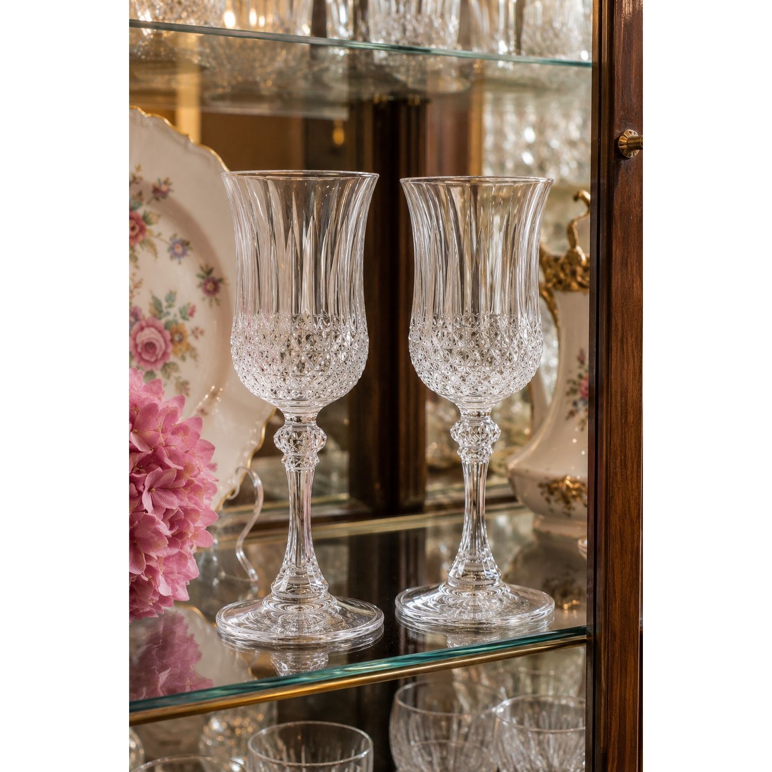 Vintage Cristal D'Arques Longchamp Wine Goblets Set of 2 French Crystal Wine Glasses Diamond Cut Stemware Made in France