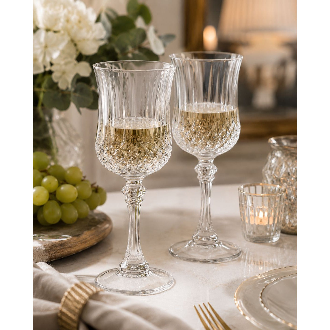 Vintage Cristal D'Arques Longchamp Wine Goblets Set of 2 French Crystal Wine Glasses Diamond Cut Stemware Made in France