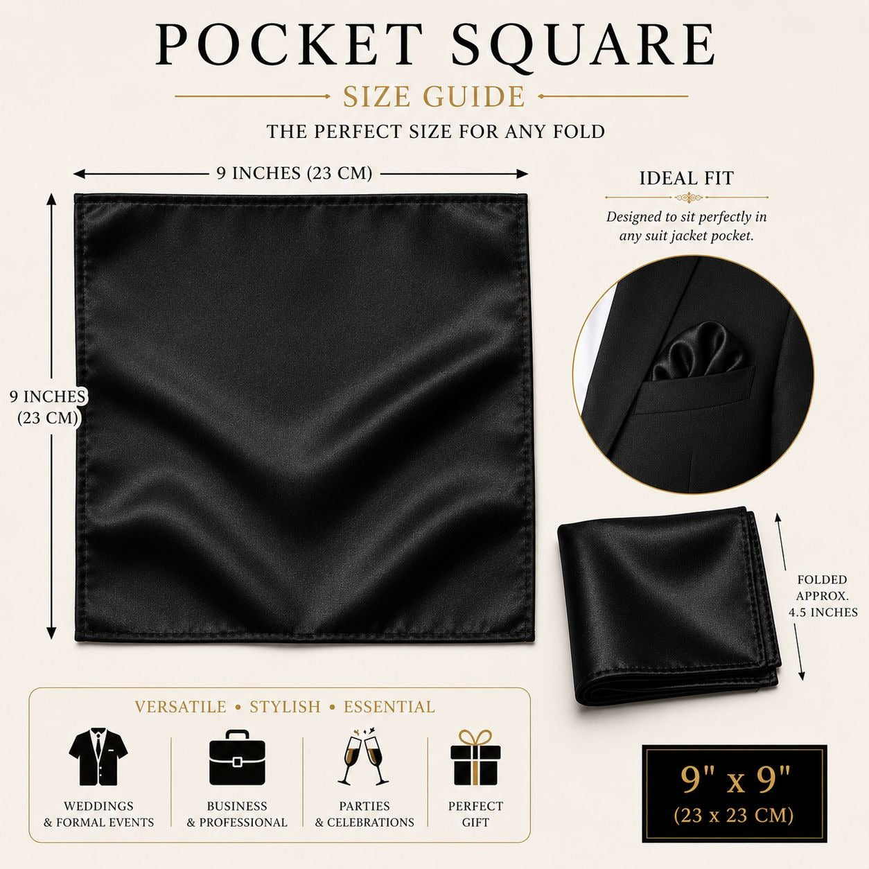 A size guide graphic for a black pocket square, showing a flat unfolded square with dimensions marked as 9 inches by 9 inches, a folded pocket view, and text describing ideal fit and use for any suit jacket pocket.