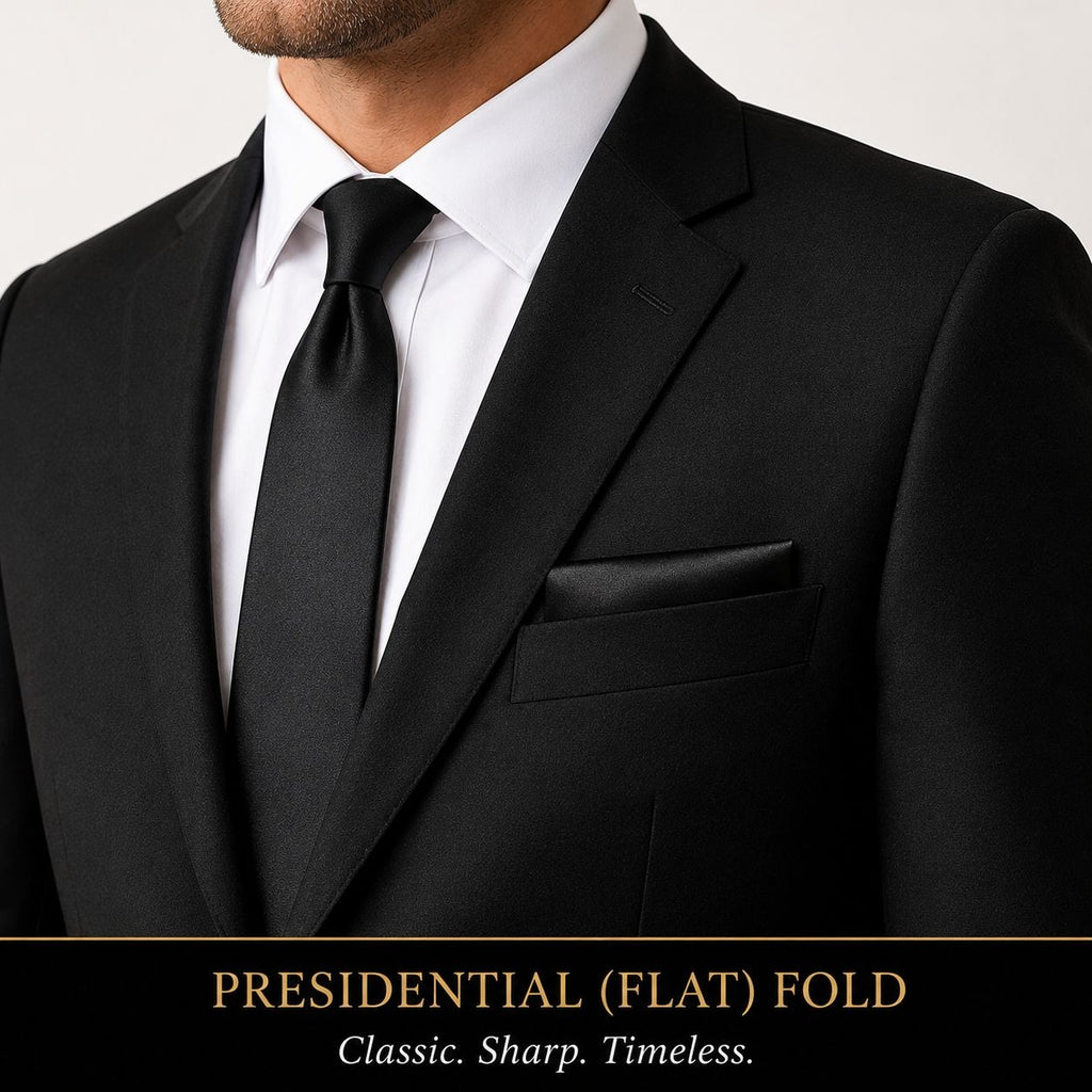 A close-up of a man wearing a black suit jacket with a flat fold, paired with a white dress shirt and black tie. A black banner at the bottom reads 'PRESIDENTIAL (FLAT) FOLD' and 'Classic.