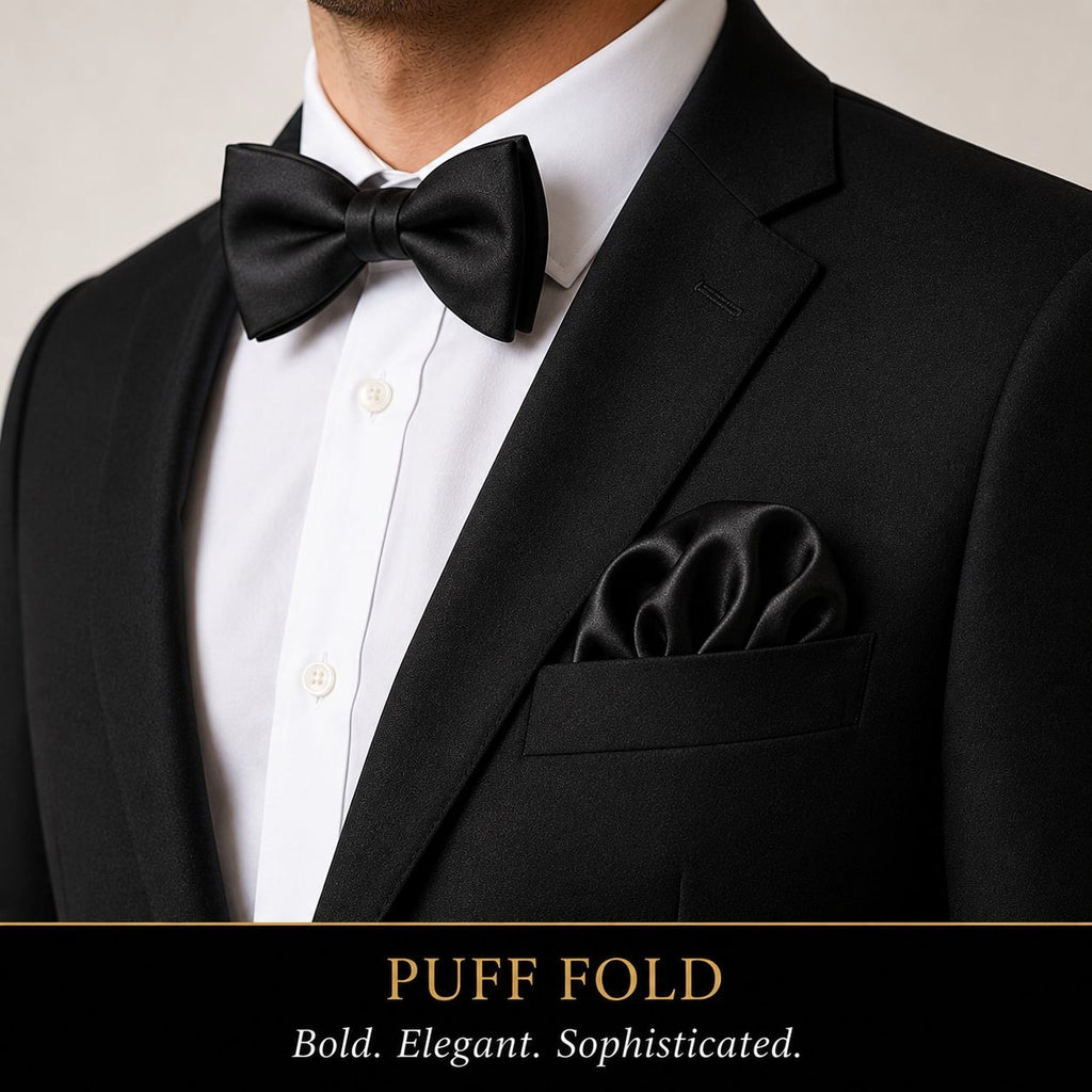 A close-up of a man wearing a black satin bow tie and matching black pocket square with a black tuxedo jacket and white dress shirt. A text banner at the bottom reads 'PUFF FOLD Bold.