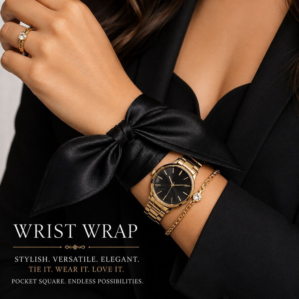 A close-up of a person wearing a black satin wrist wrap tied in a bow around a gold-tone watch and bracelet, with a black blazer and a ring visible. Text on the image reads 'WRIST WRAP' with descriptive copy below.