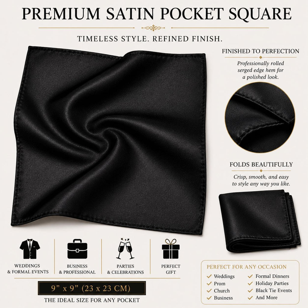 Black satin pocket square displayed on a light beige background with product text, a close-up fabric detail, folded presentation, and usage icons for weddings, business, church, and events.
