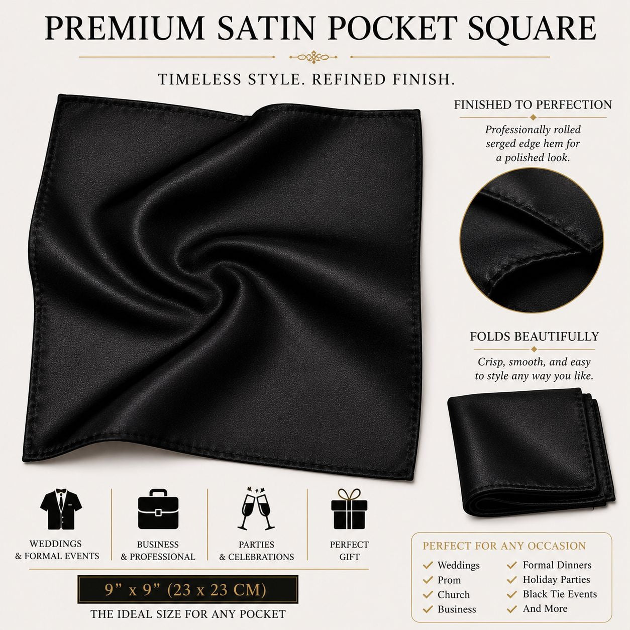 Black satin pocket square displayed on a light beige background with product text, a close-up fabric detail, folded presentation, and usage icons for weddings, business, church, and events.