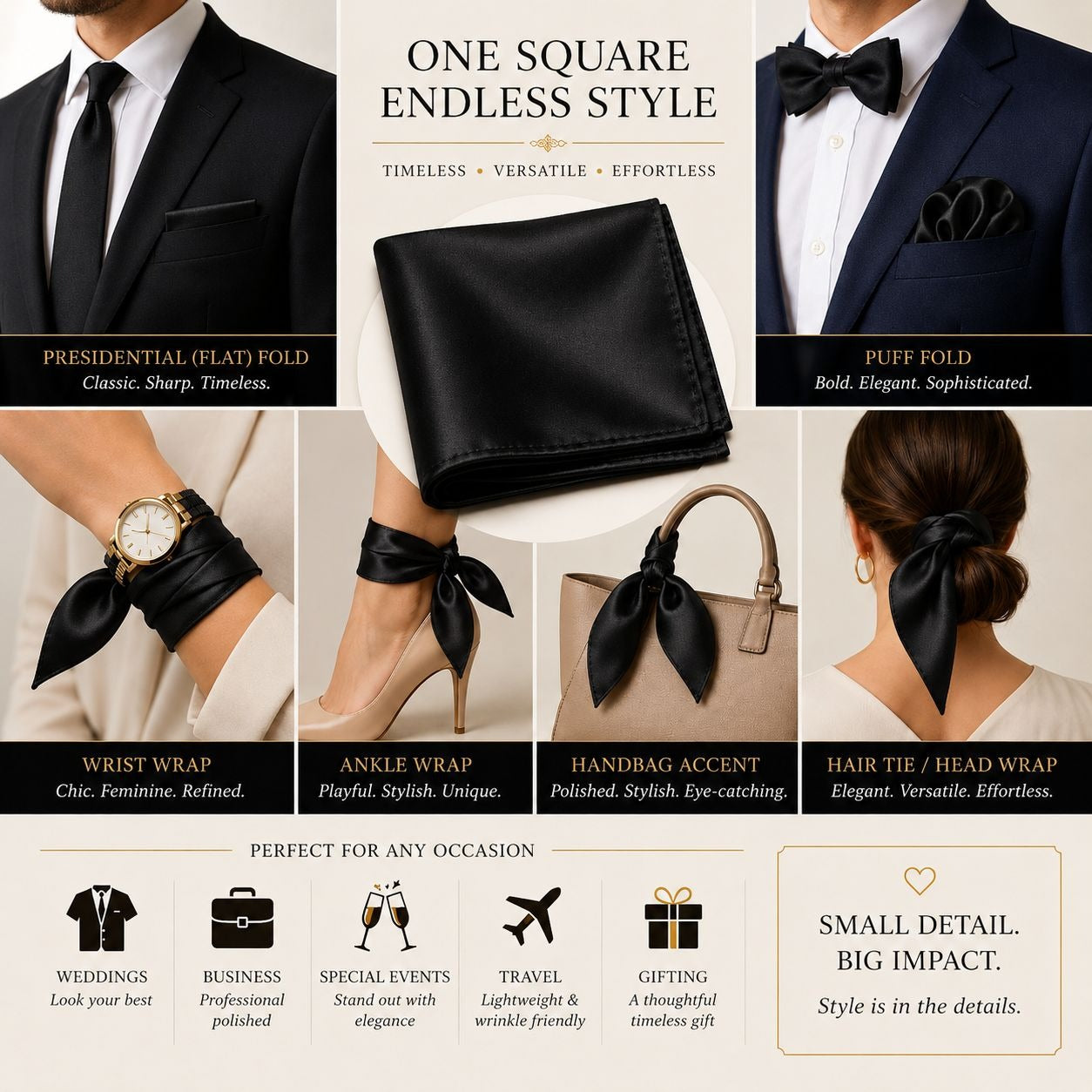 A styled product infographic for a black satin square tie, showing multiple folding and wearing styles on a man in a suit, on a wrist, as an ankle wrap, a handbag accent, and a hair tie. The infographic includes text labels, icons, and a clean beige background.