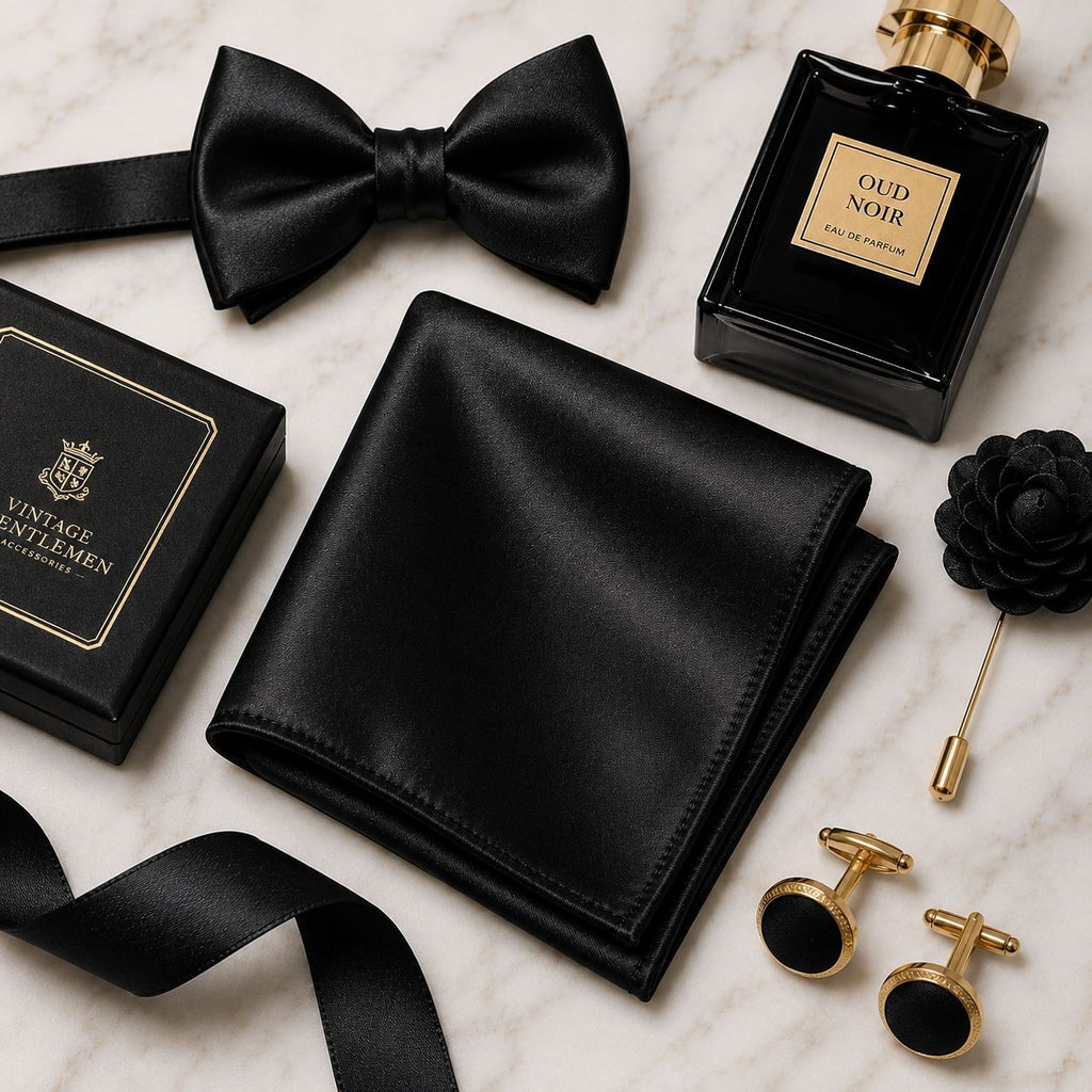 A luxury men's accessory set in black satin and black leather, including a black bow tie, matching belt, black wallet, black perfume bottle labeled 'Oud Noir', a black gift box from 'Vintage Gentleman', a black flower pin, and gold cufflinks, arranged on a white marble background.