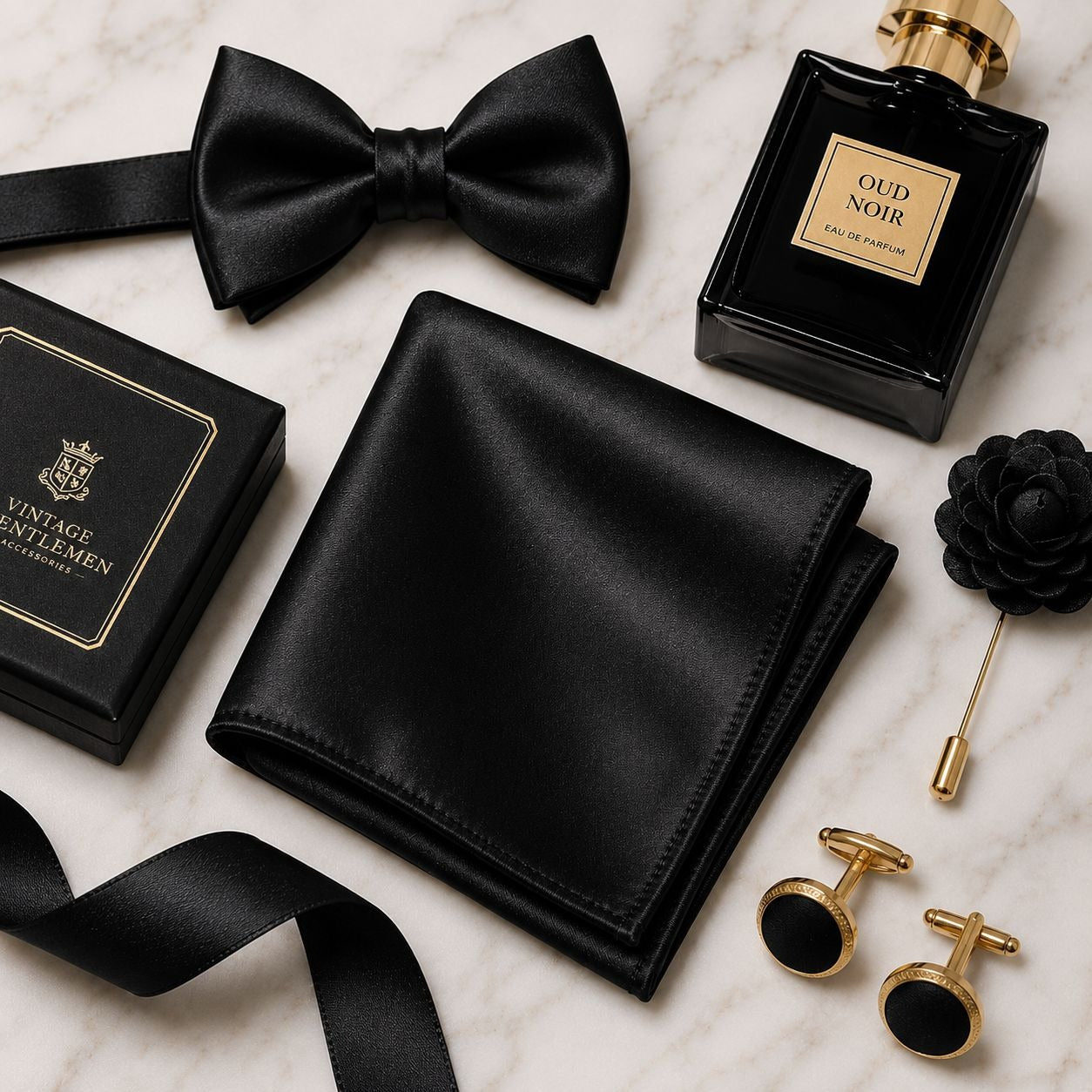 A luxury men's accessory set in black satin and black leather, including a black bow tie, matching belt, black wallet, black perfume bottle labeled 'Oud Noir', a black gift box from 'Vintage Gentleman', a black flower pin, and gold cufflinks, arranged on a white marble background.
