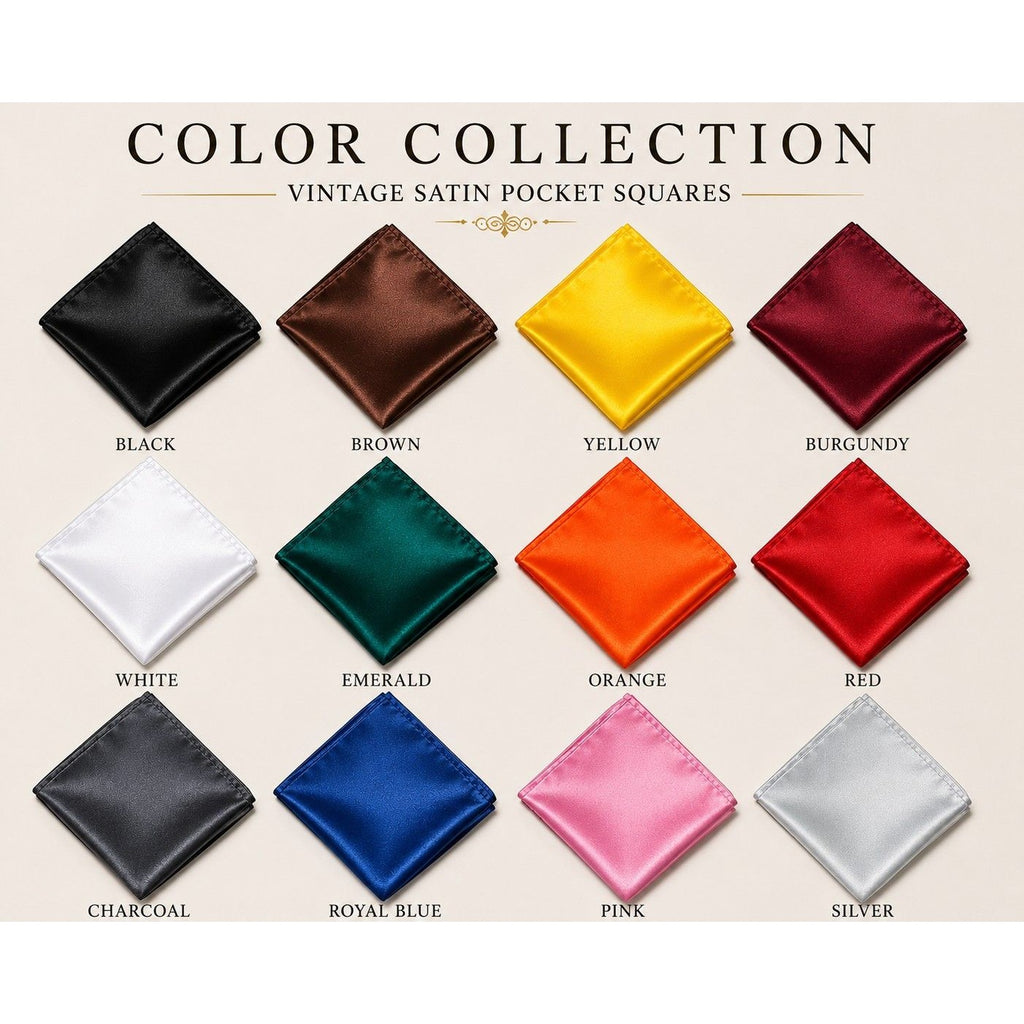Collection of vintage satin pocket squares in various colors on a beige background.