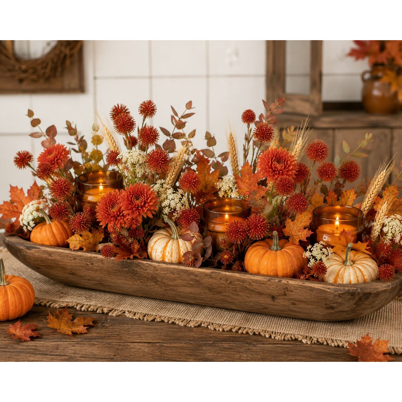 Artificial Orange Pom Pom Thistle Stem Faux Fall Flower Spray Autumn Floral Pick Wreath Supply Vase Filler Thanksgiving Farmhouse Decor