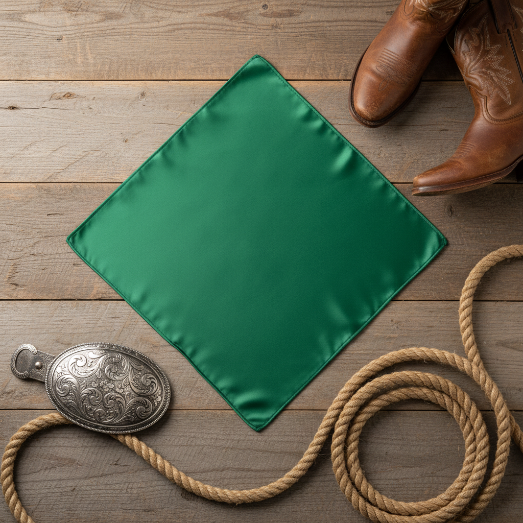 Kelly green wild rag 23x23 laid flat in square shape with western accessories
