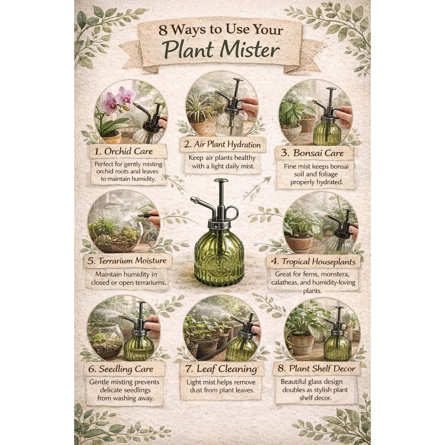 Olive Green Glass Orchid Mister 6.8 oz Air Plant Fine Mist Spray Bottle