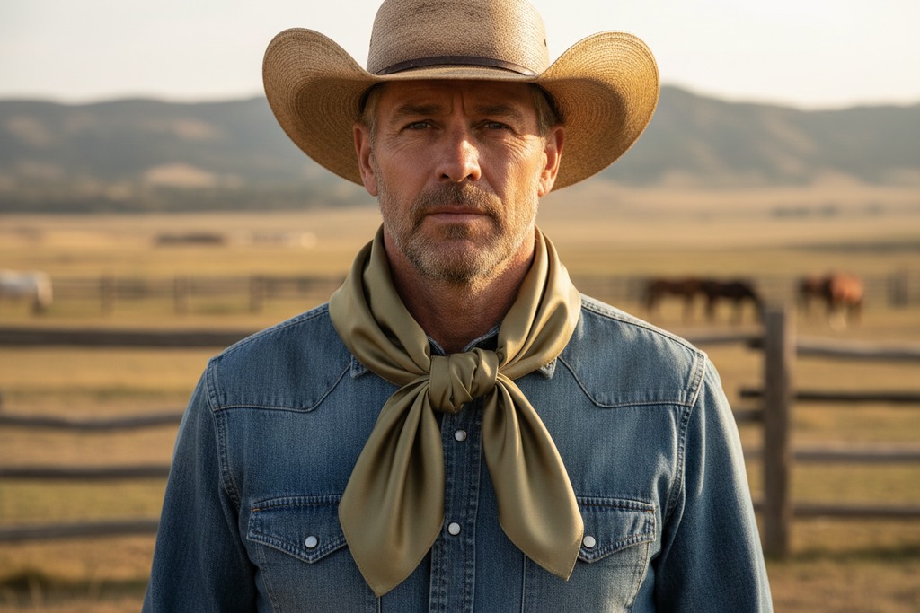 Khaki tan wild rag scarf worn by cowboy with denim and hat