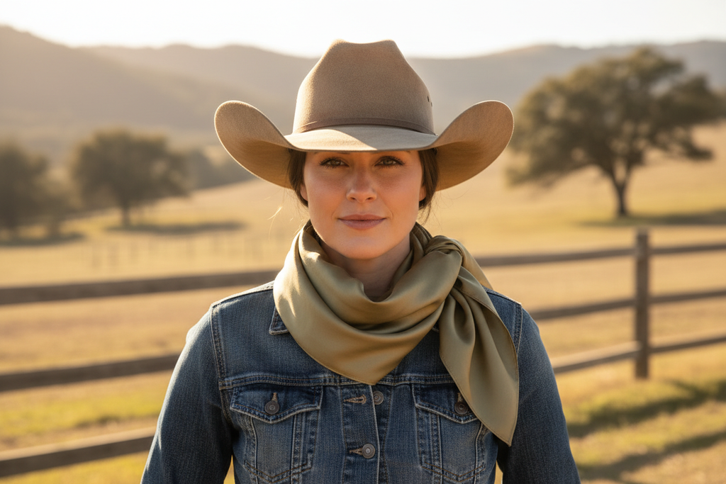 Khaki tan wild rag scarf worn by cowgirl with denim and hat