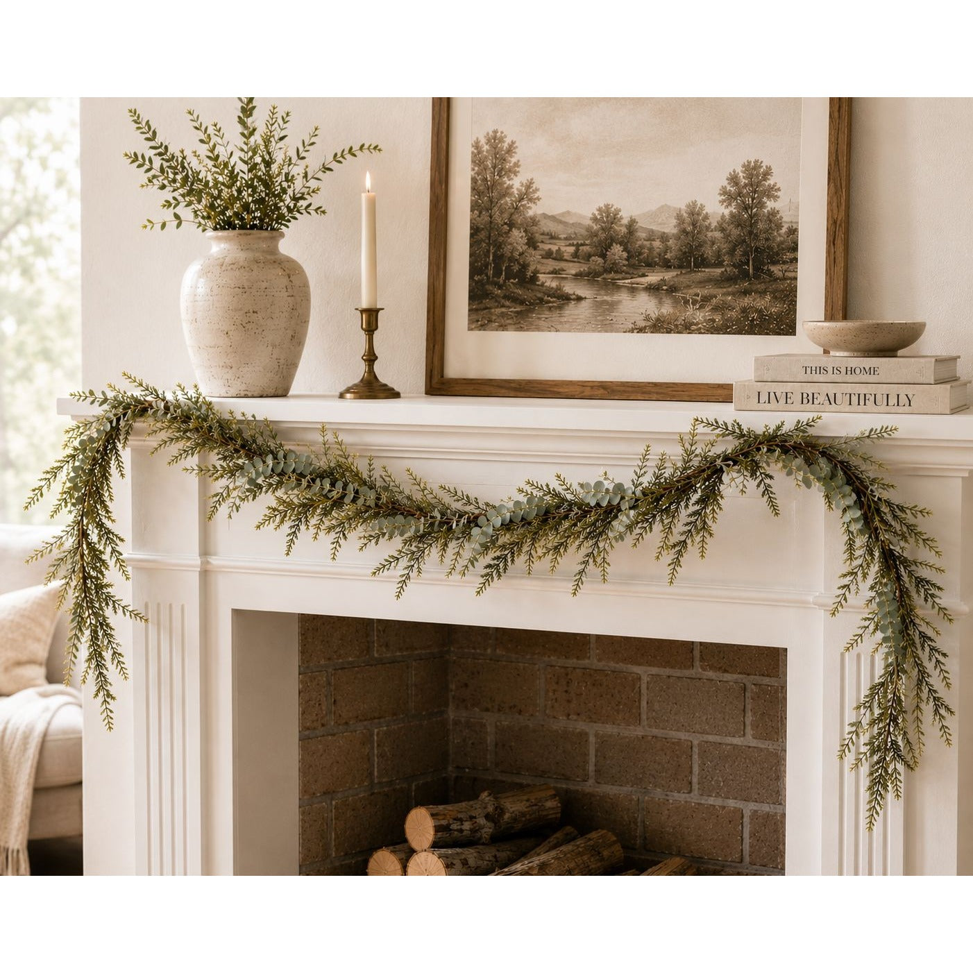 Norfolk Pine Eucalyptus Garland 6ft Faux Christmas Garland Mantel Garland Winter Greenery Wedding Arch Decor Table Centerpiece