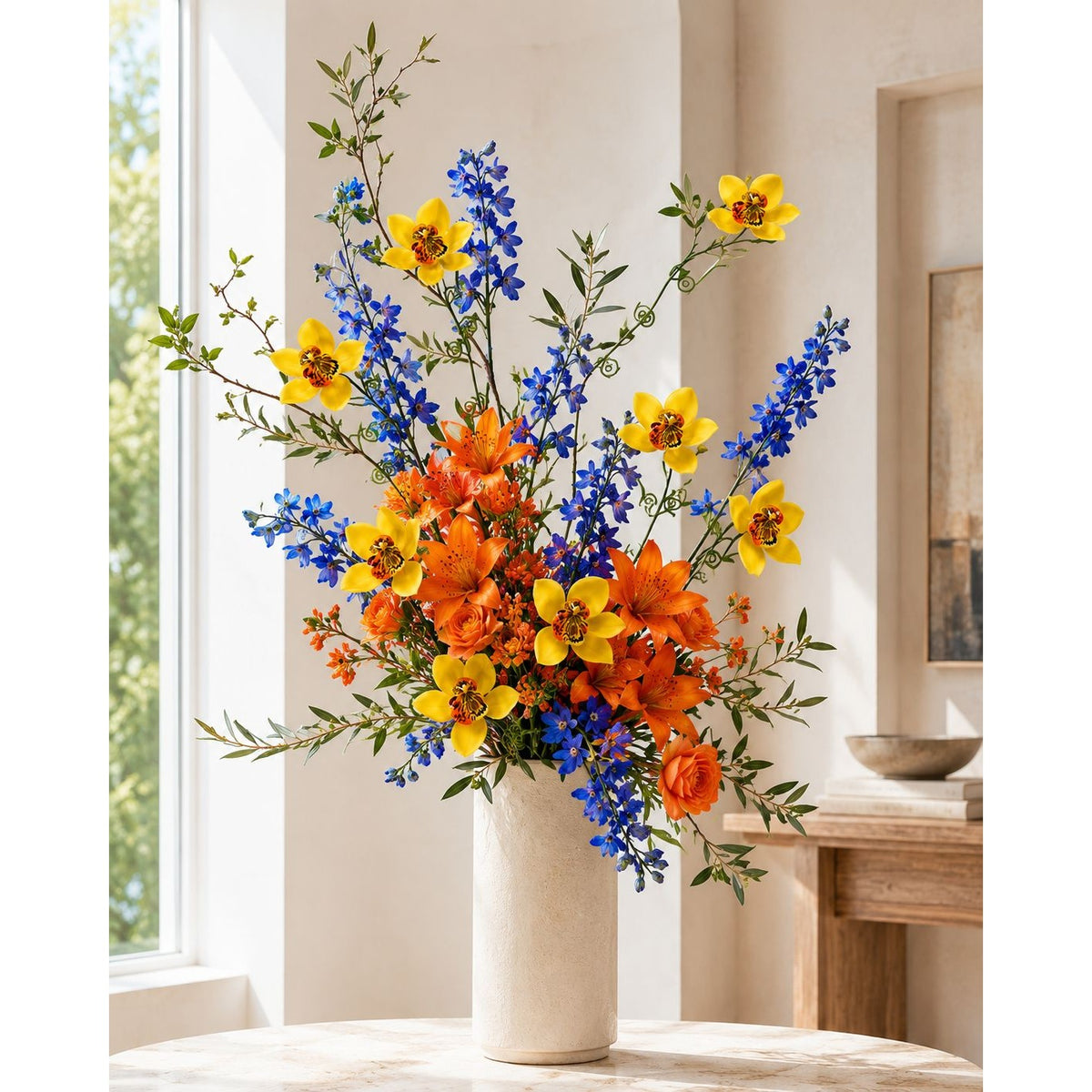 A vibrant artificial flower arrangement featuring yellow, orange, and blue blooms with green foliage, displayed in a textured cream ceramic vase on a light stone table in a bright, modern room.
