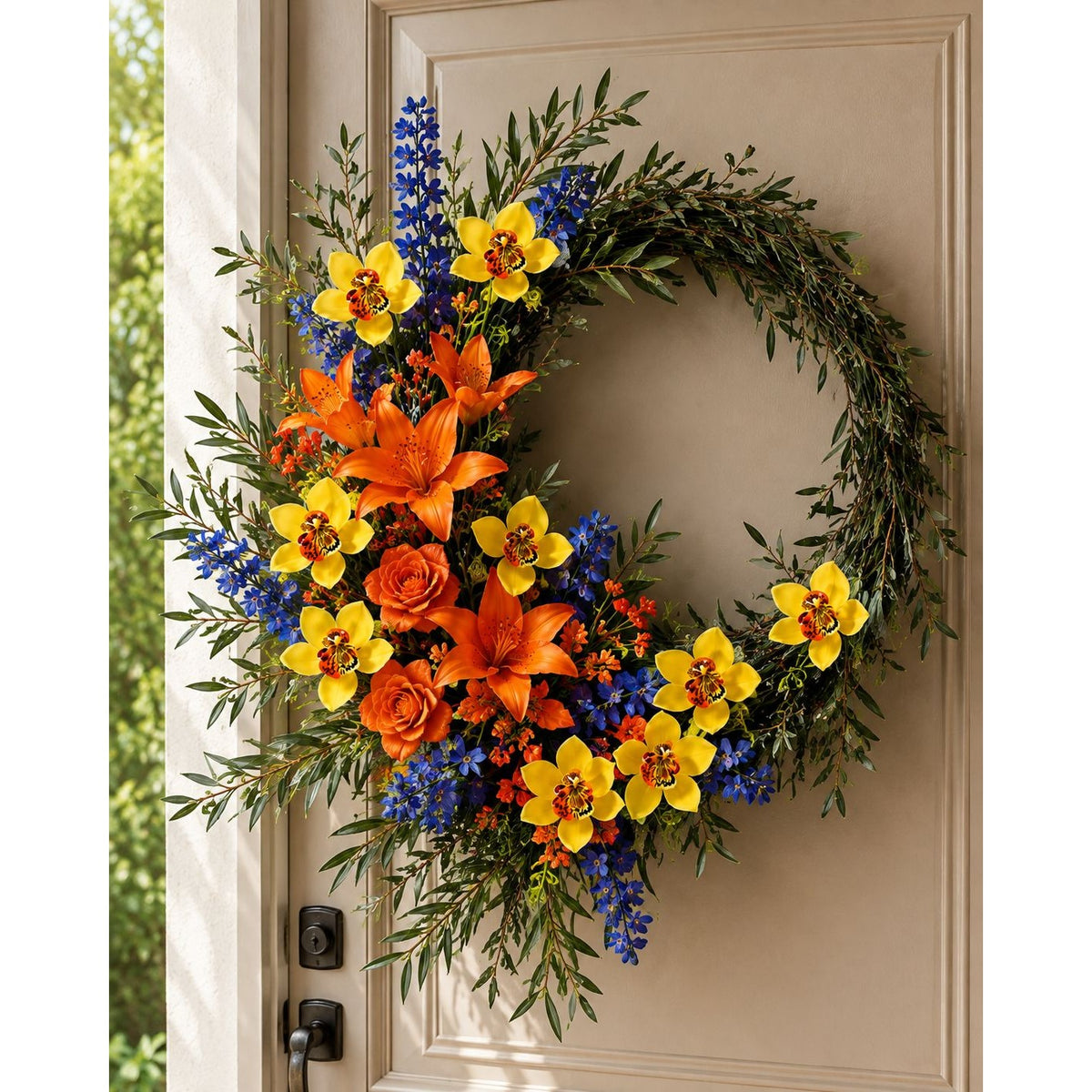 A large decorative floral wreath with green foliage and bright orange, yellow, and blue flowers hanging on a beige front door.
