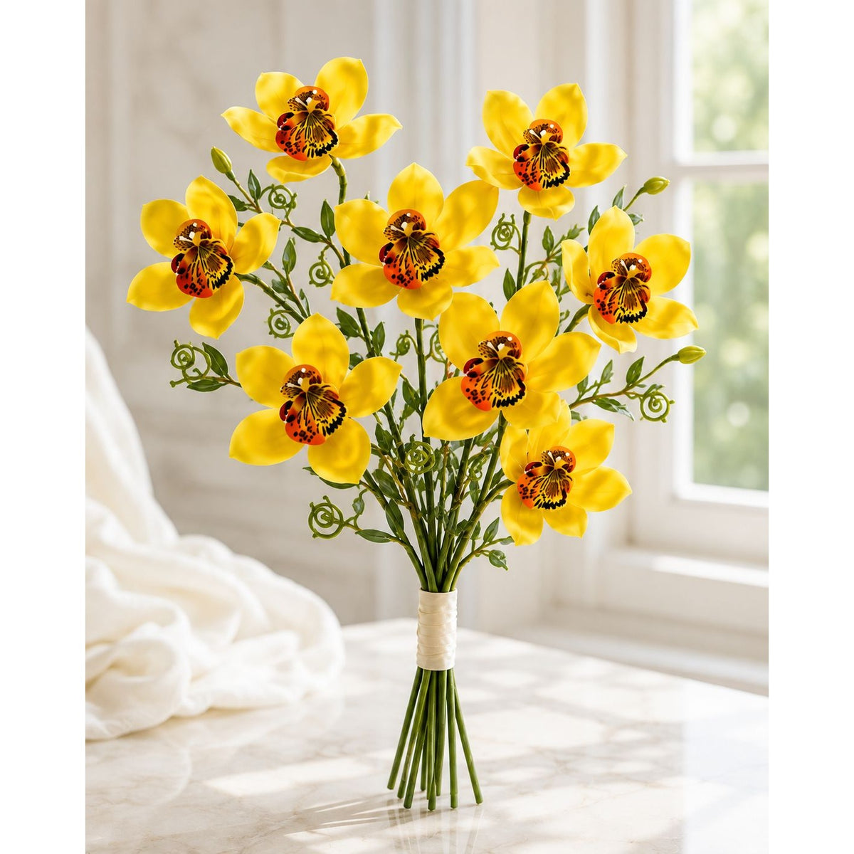 A bouquet of artificial yellow orchid flowers with green stems and curled green accents, wrapped in a beige ribbon at the base, displayed on a light marble surface near a window.