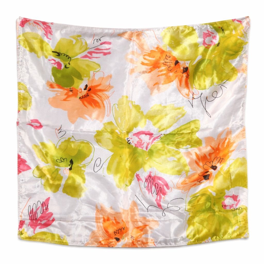Floral Satin Square Scarf Green Orange 20x20 Hair Neck Head Wrap