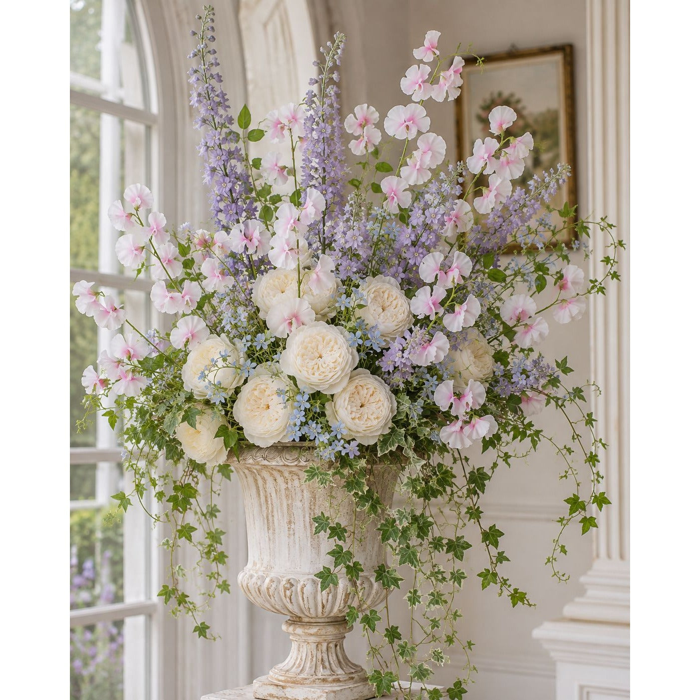 Pink White Artificial Sweet Pea Branch Stems Set of 3 30 Inch Faux Silk Flowers Wedding Floral Decor