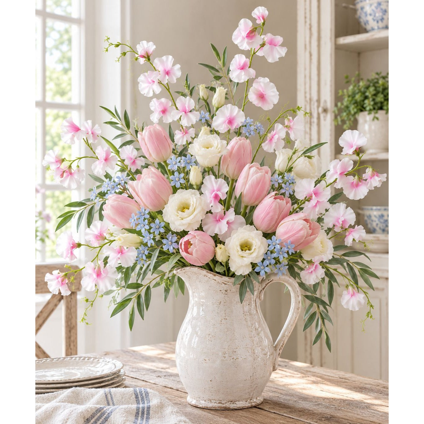 Pink White Artificial Sweet Pea Branch Stems Set of 3 30 Inch Faux Silk Flowers Wedding Floral Decor