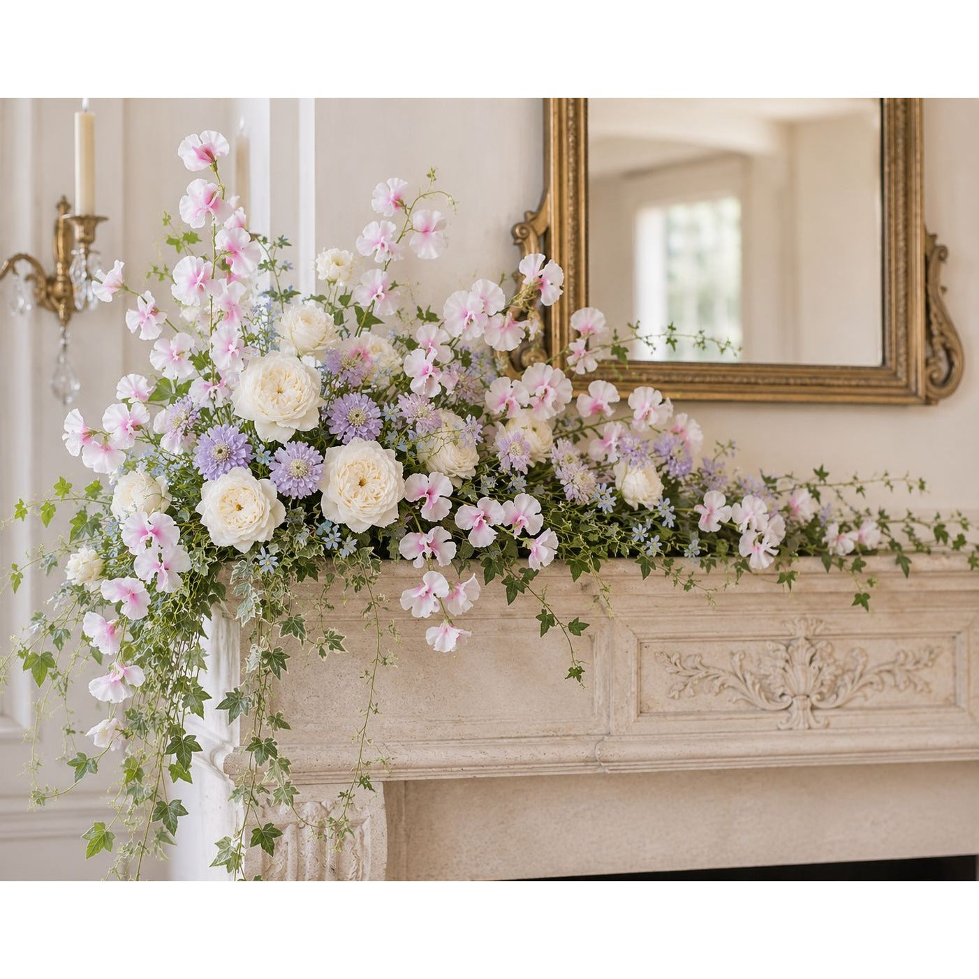 Pink White Artificial Sweet Pea Branch Stems Set of 3 30 Inch Faux Silk Flowers Wedding Floral Decor