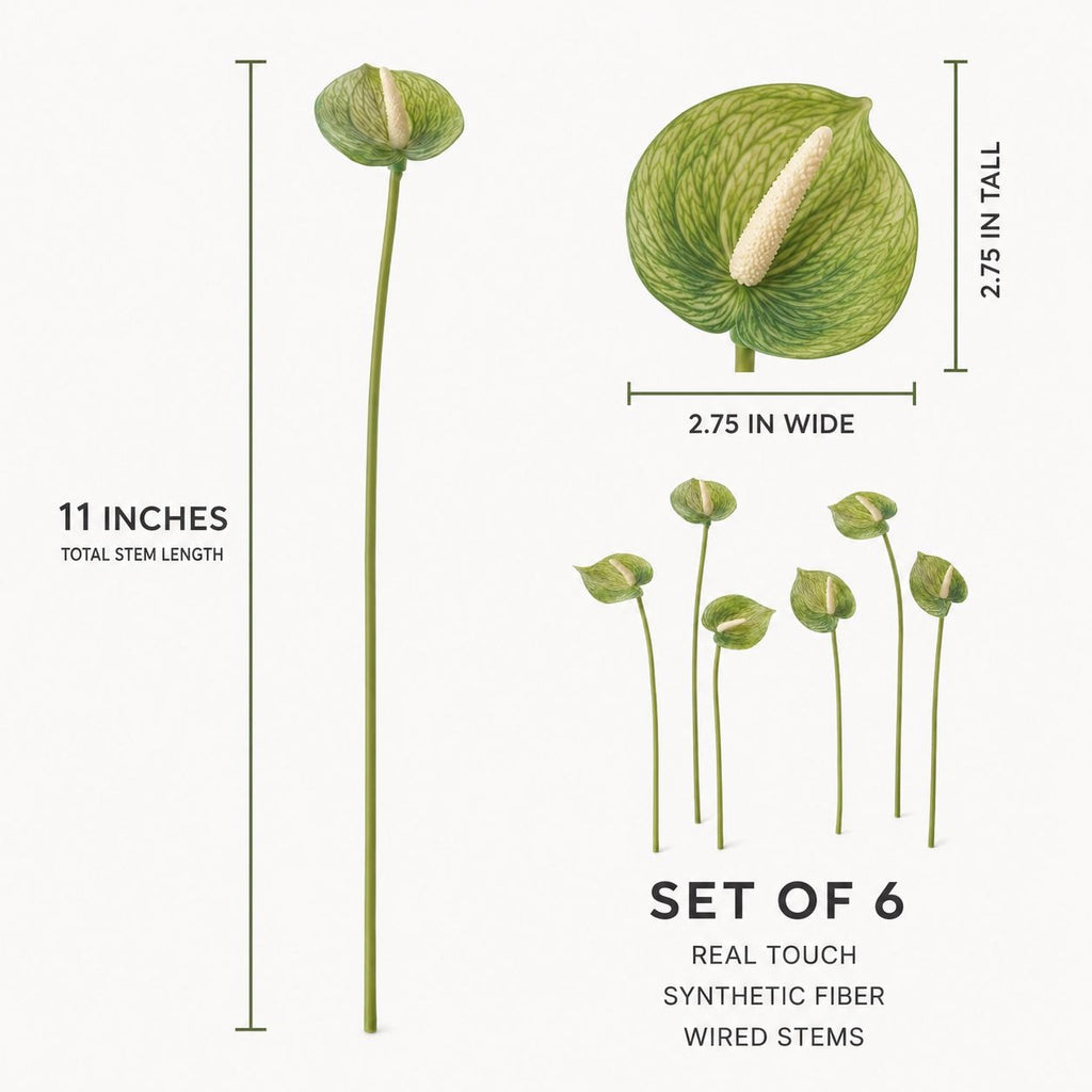 Soft Green Artificial Anthurium Stems | Set of 6 | 11 Inch Real Touch Flowers