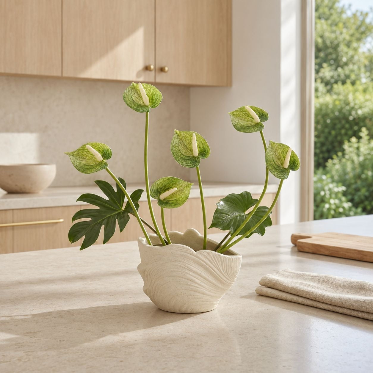Soft Green Artificial Anthurium Stems | Set of 6 | 11 Inch Real Touch Flowers