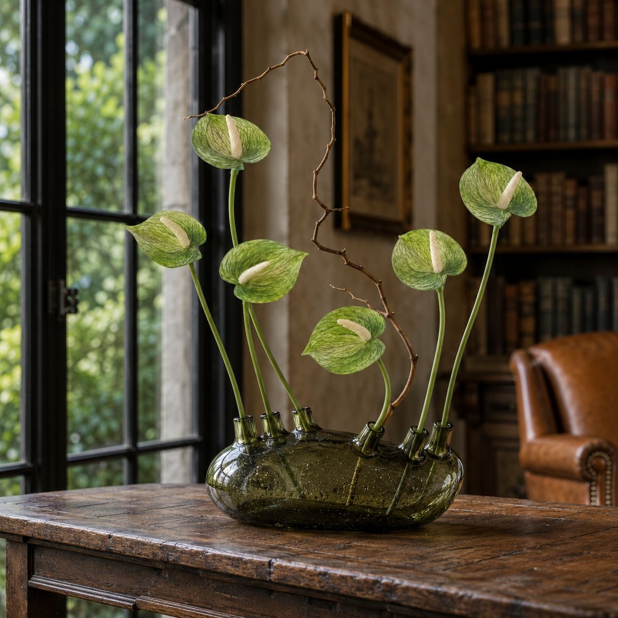 Soft Green Artificial Anthurium Stems | Set of 6 | 11 Inch Real Touch Flowers