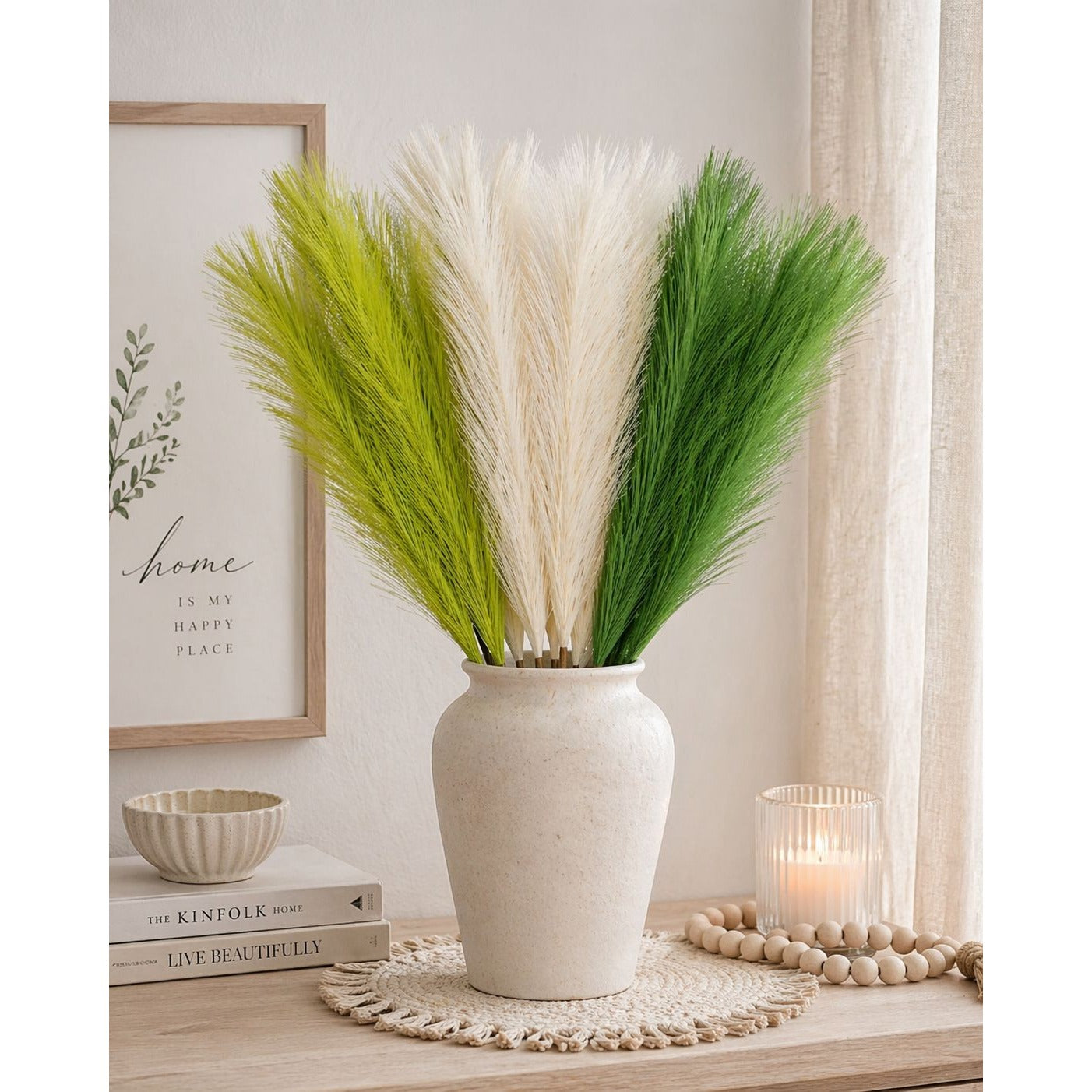Green Pampas Grass Bundle 16 Stem Faux Pampas White and Green Boho Decor Vase Filler Farmhouse Floral Arrangement Mixed Stems