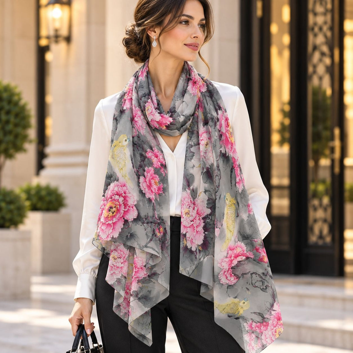 A woman wearing a gray silk scarf with a pink floral and yellow bird pattern, styled over a white blouse and black pants in an outdoor setting.