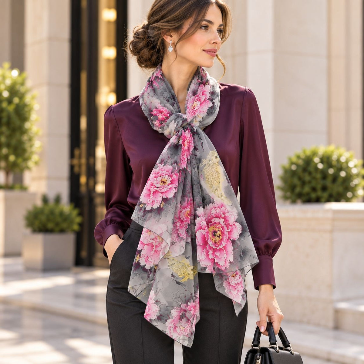 A woman wearing a dark purple satin blouse and black trousers, styled with a gray scarf featuring a vibrant pink and yellow floral print. She is holding a black handbag and standing in front of a modern building with beige stone columns.