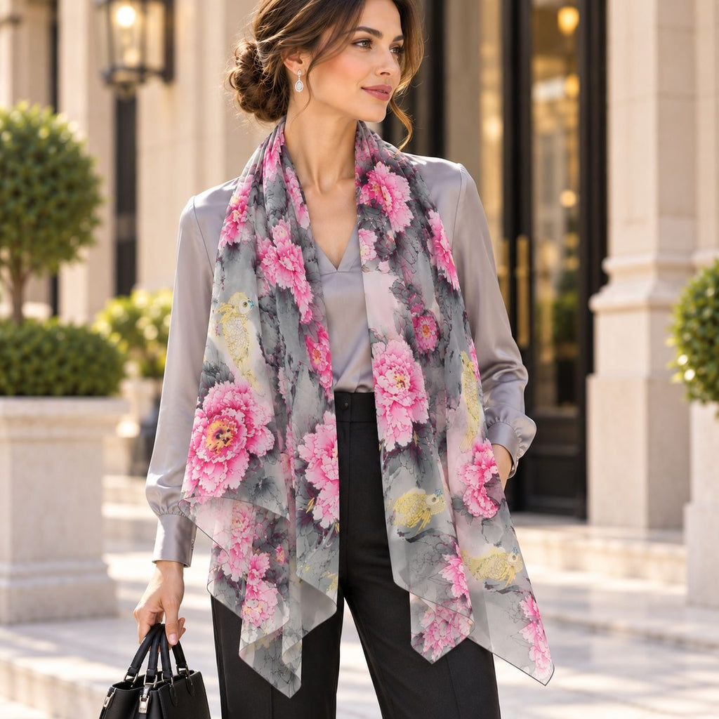 A woman wearing a sheer gray scarf with a vibrant pink and yellow floral print, styled over a gray blouse and black pants, standing in front of a classic building facade.