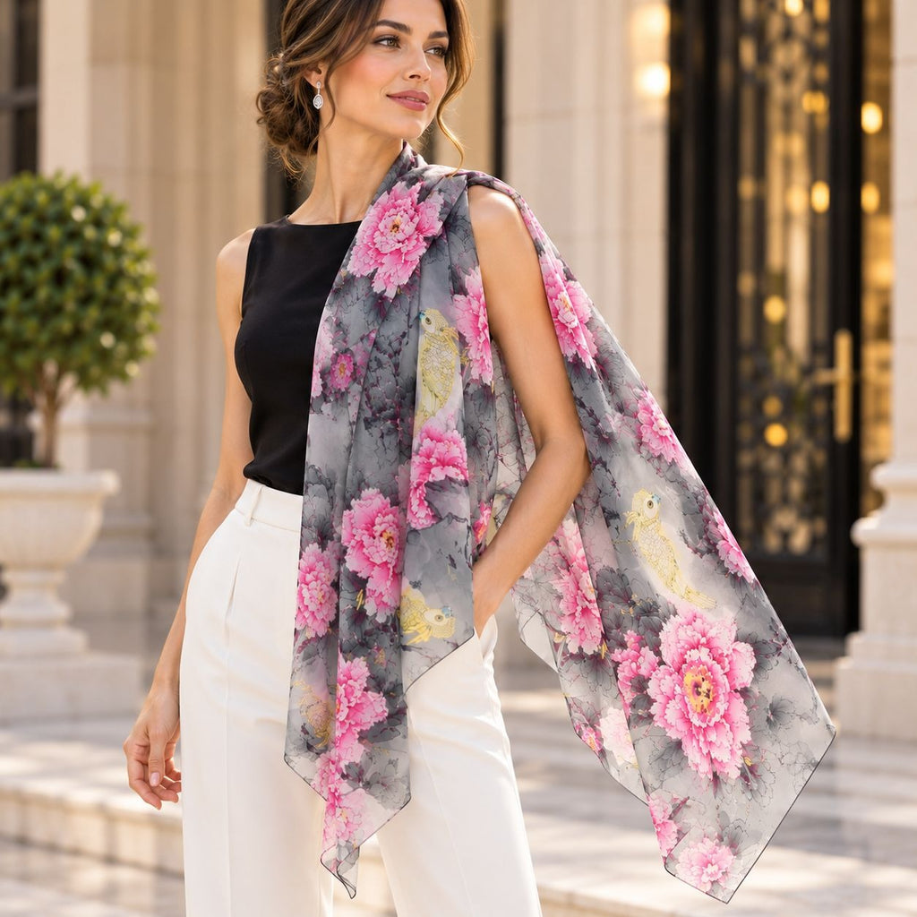 Gray Fuchsia Floral Chiffon Scarf, 64 x 32 Inch Yellow Bird Print Wrap Shawl