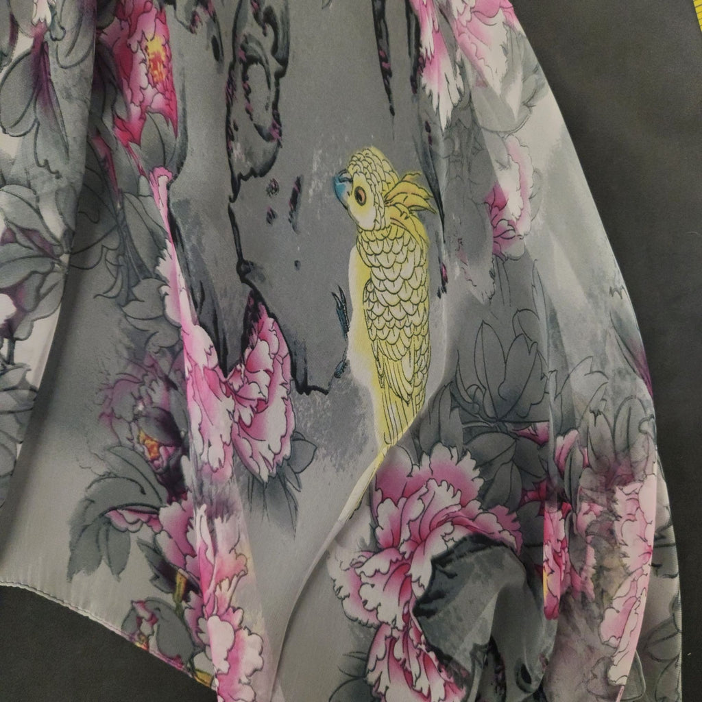 Gray Fuchsia Floral Chiffon Scarf, 64 x 32 Inch Yellow Bird Print Wrap Shawl