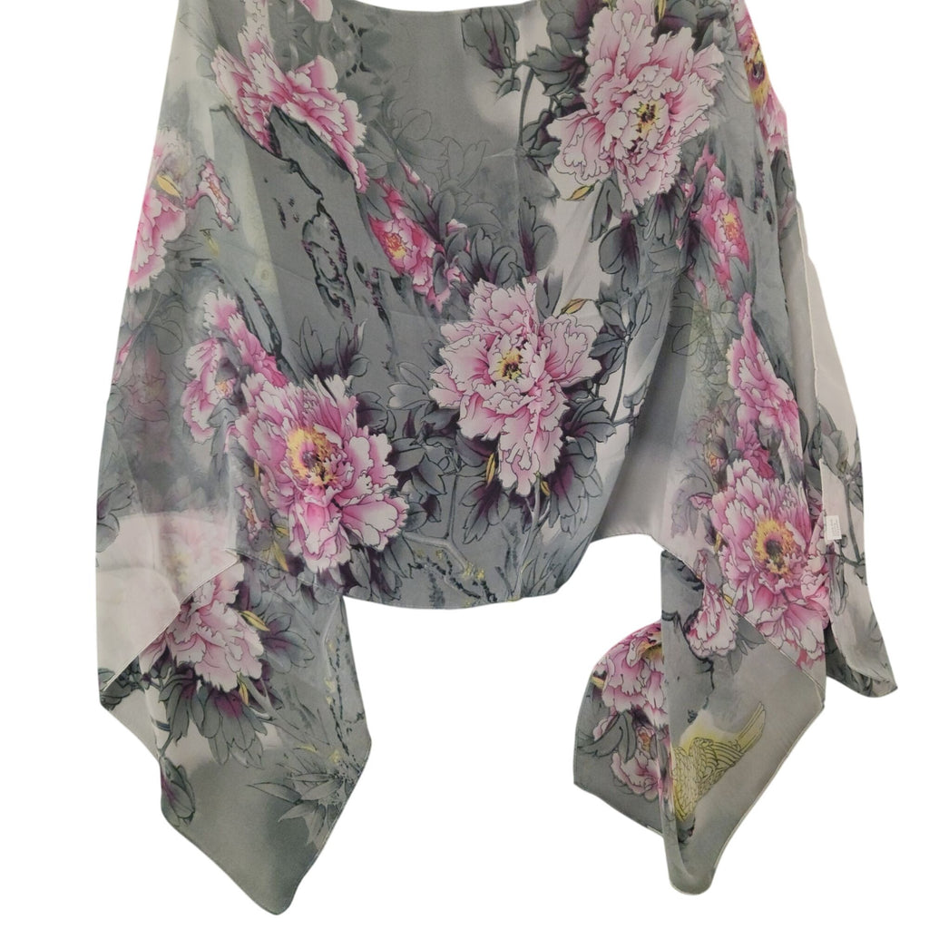 Gray Fuchsia Floral Chiffon Scarf, 64 x 32 Inch Yellow Bird Print Wrap Shawl