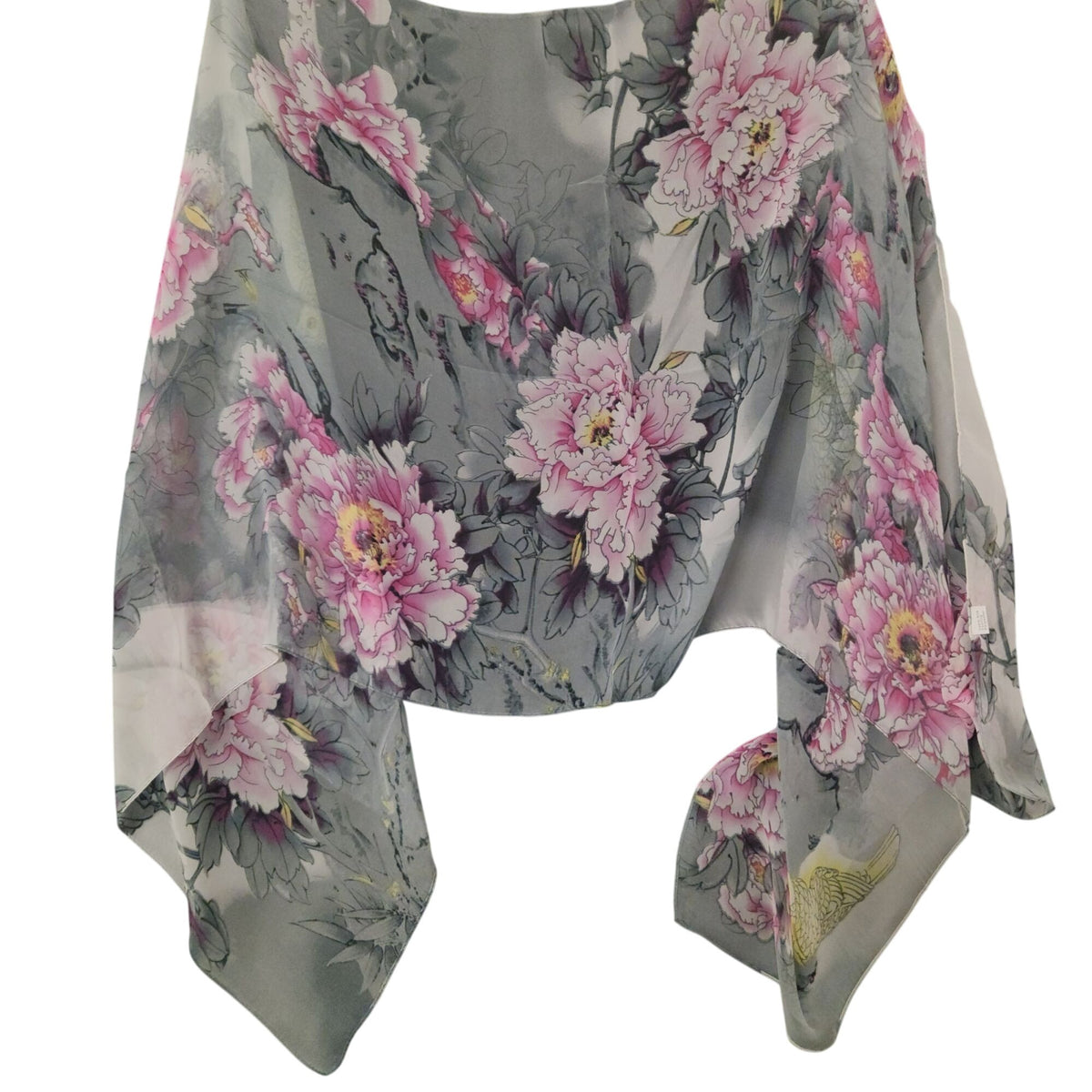 Gray Fuchsia Floral Chiffon Scarf, 64 x 32 Inch Yellow Bird Print Wrap Shawl