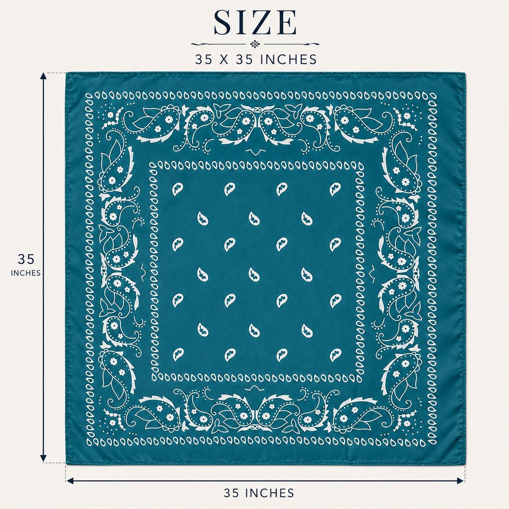 A teal bandana with a white paisley border and center print, shown with measurement lines and text indicating a size of 35 x 35 inches on a light beige background.