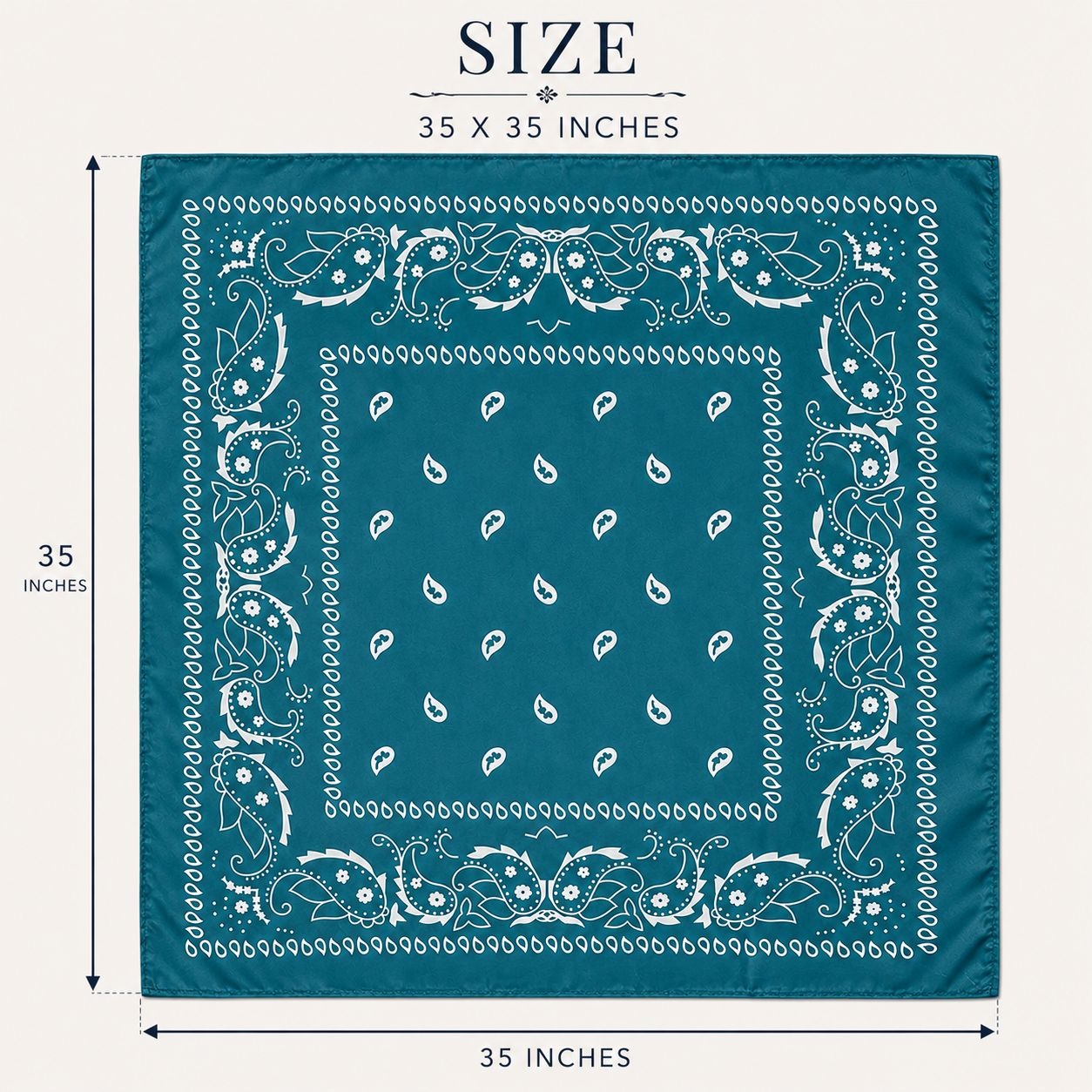 A teal bandana with a white paisley border and center print, shown with measurement lines and text indicating a size of 35 x 35 inches on a light beige background.