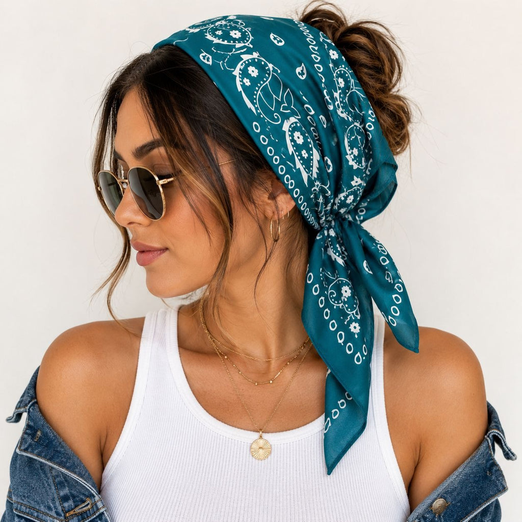 A woman wearing a teal bandana with a white paisley pattern tied around her hair, styled with round sunglasses, gold necklaces, and an off-the-shoulder white ribbed tank top with a denim jacket.