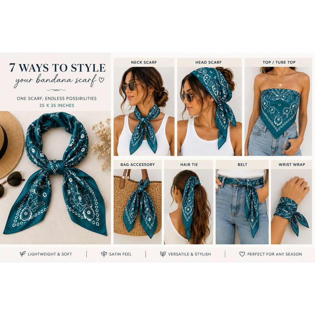 A promotional collage for a teal and white paisley bandana scarf showing multiple styling ways, including neck scarf, head scarf, top/tube top, bag accessory, hair tie, belt, and wrist wrap. Text on the left reads '7 WAYS TO STYLE your bandana scarf' and the scarf itself is shown in a large styled flat-lay on the left side.