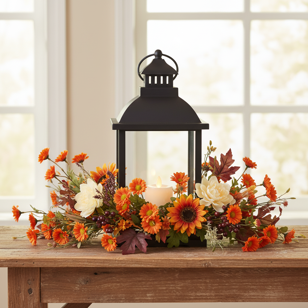 Lantern framed by a low fall floral garland