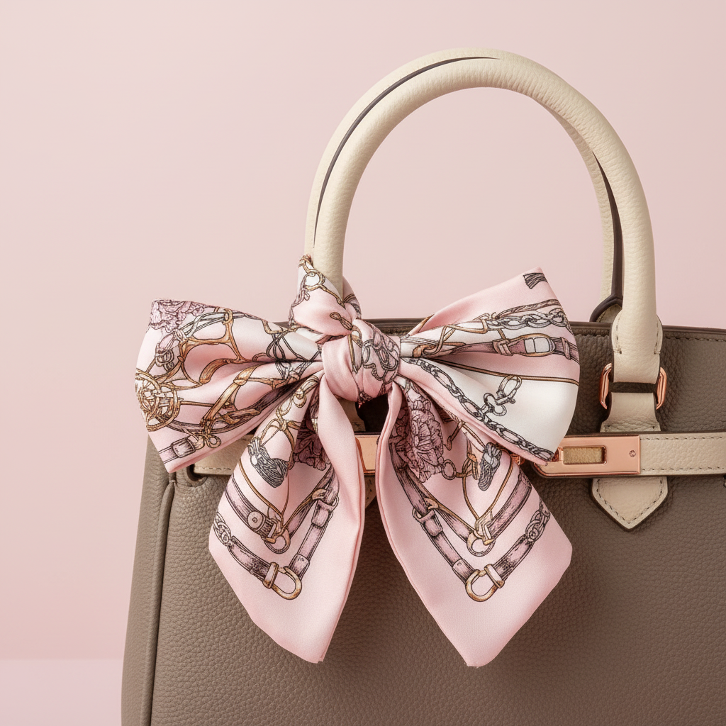 Larger blush equestrian-pattern scarf bow on a handbag