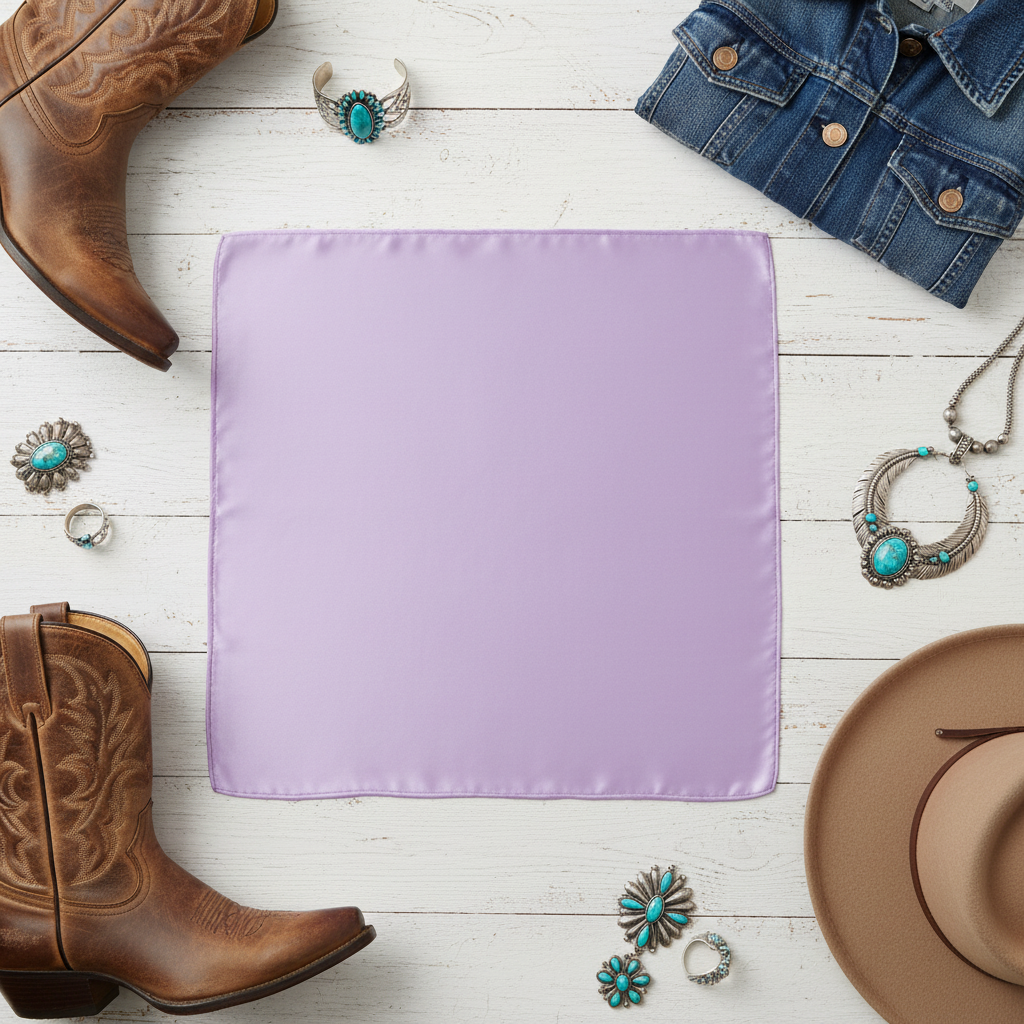 Lavender purple satin scarf 19x19 flat lay with western accessories
