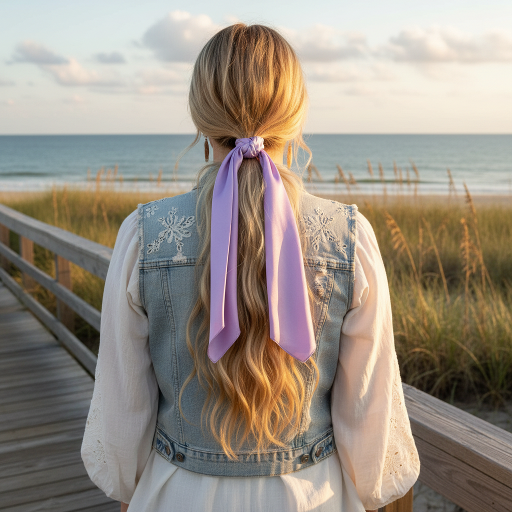 Lavender purple satin scarf 19x19 tied at ponytail draping down