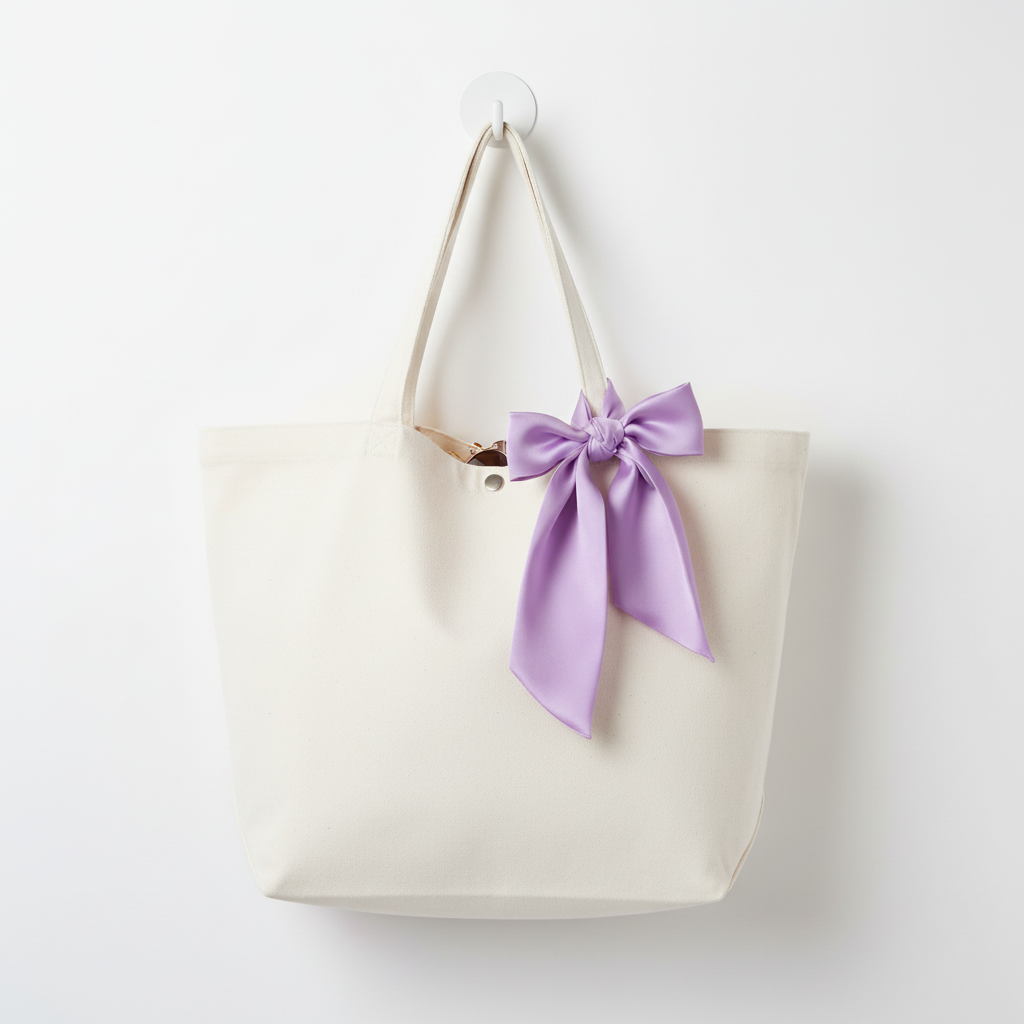 Lavender purple satin scarf 19x19 tied on white purse draping down
