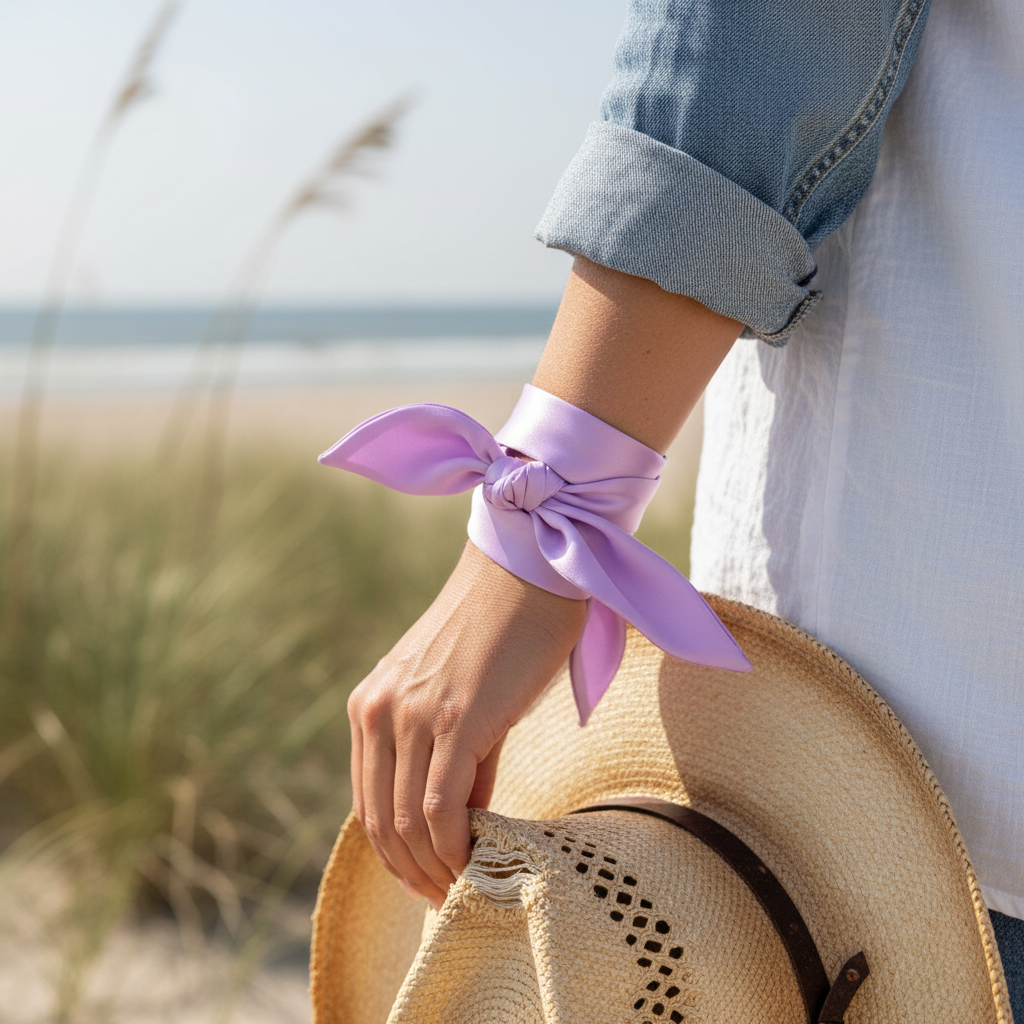 Lavender purple satin scarf 19x19 wrapped twice around wrist with bow