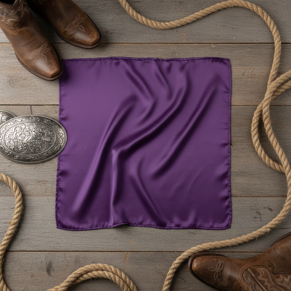 Lavender purple wild rag 23x23 laid flat in square shape with western accessories